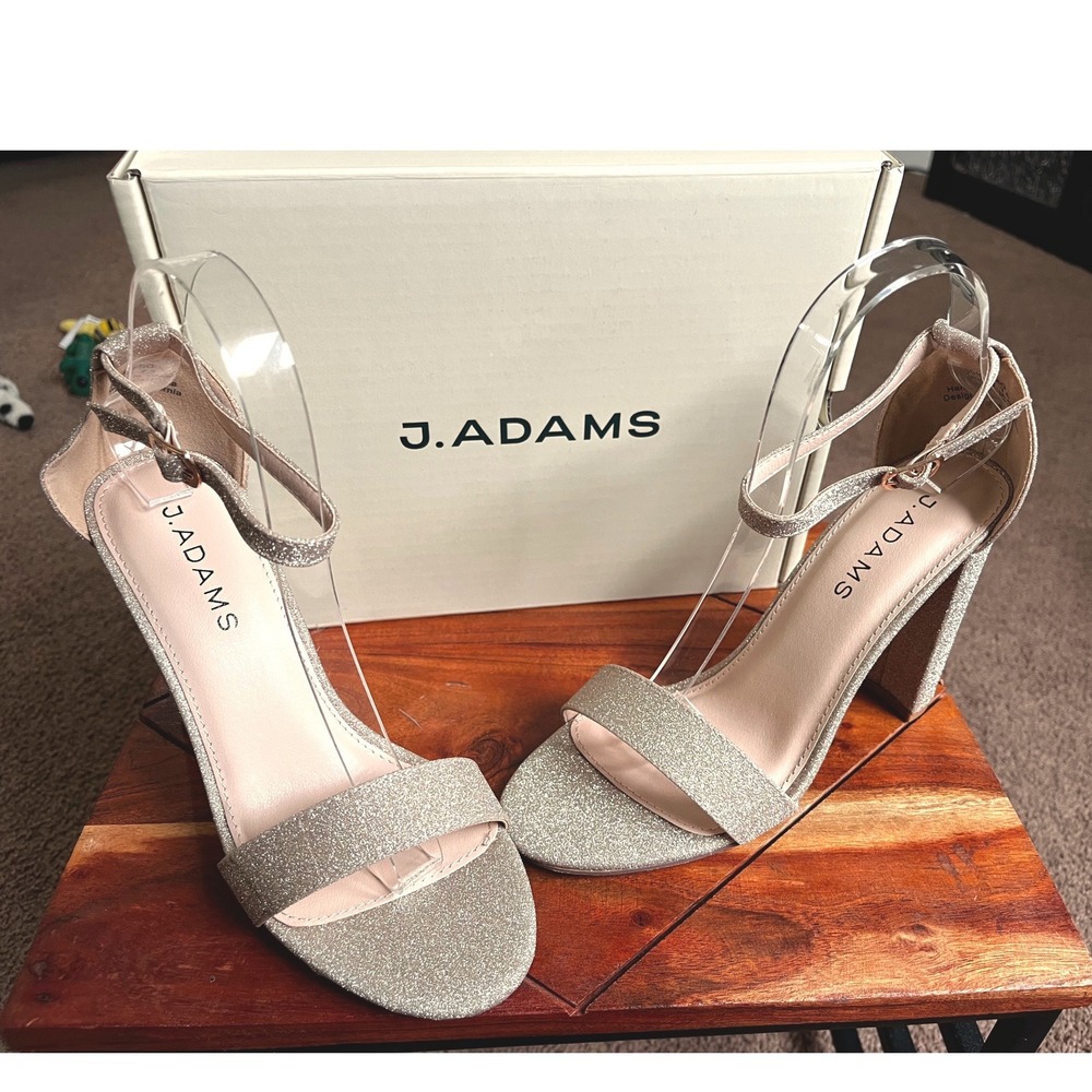 J. Adams Shirley Fine Gold Glitter Block Heel Ankle Strap Sandals Womens 7.5 NEW
